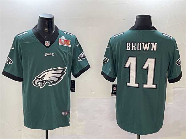 Men%27s Philadelphia Eagles #11 A. J. Brown Green 2025 Super Bowl LIX Patch Team Big Logo Vapor Untouchable Limited Stitched Jersey